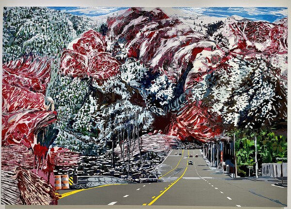 강유진, Mountain with Meat, 2020, 106.7 x 152.4cm, Enamel and acrylic on canvas ⓒ이세아 기자