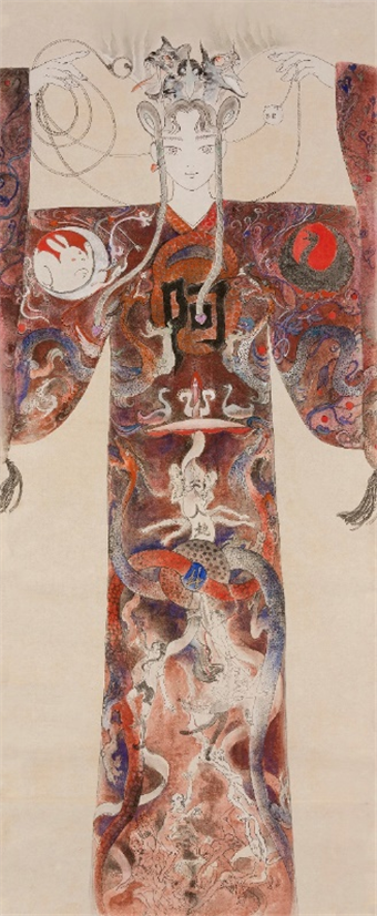 박지은, ‘아수라 마왕 백화’(阿修羅魔王帛畵), 2021, 한지에 전통안료 채색, 157×65.4 cm ⓒ두산아트센터 제공