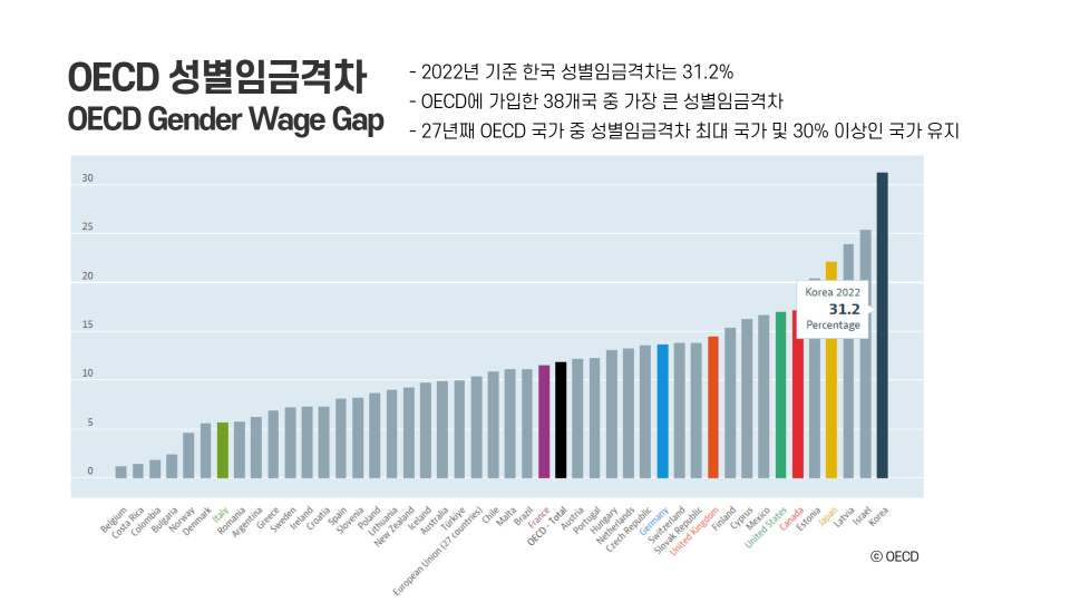 OECD 성별임금격차 순위를 나타낸 그래프. 2022년 기준 한국의 성별임금격차는 31.2%로 16년째 불명예스러운 1위를 차지하고 있다. ⓒ한국YWCA 제공
