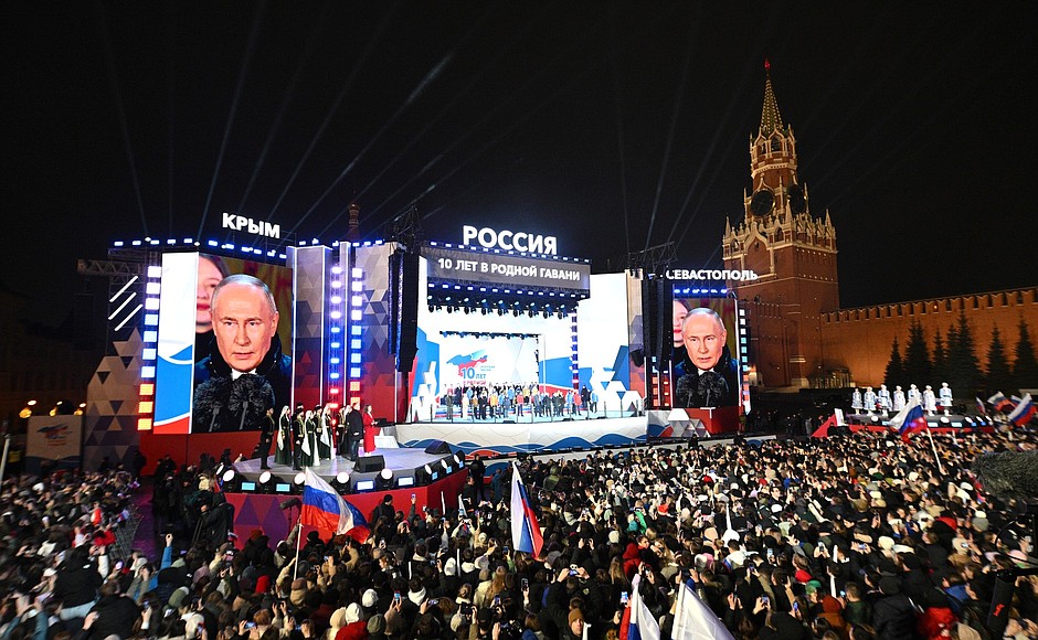 18일(현지시각) 크림반도 병합 10주년 콘서트에서 연설하는 푸틴 ⓒ러시아 대통령실