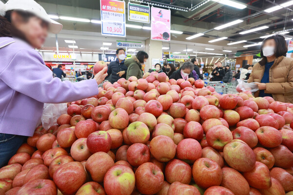 지난 10일 서울 시내 한 대형마트에서 시민이 사과를 고르고 있다. ⓒ연합뉴스