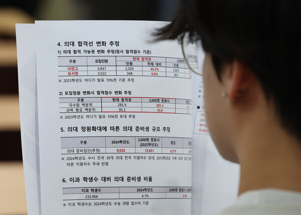 서울 강남구 대치동 종로학원에서 열린 의대 증원 관련 입시 설명회에 참석한 한 학생이 자료를 살펴보고 있다.  ⓒ연합뉴스