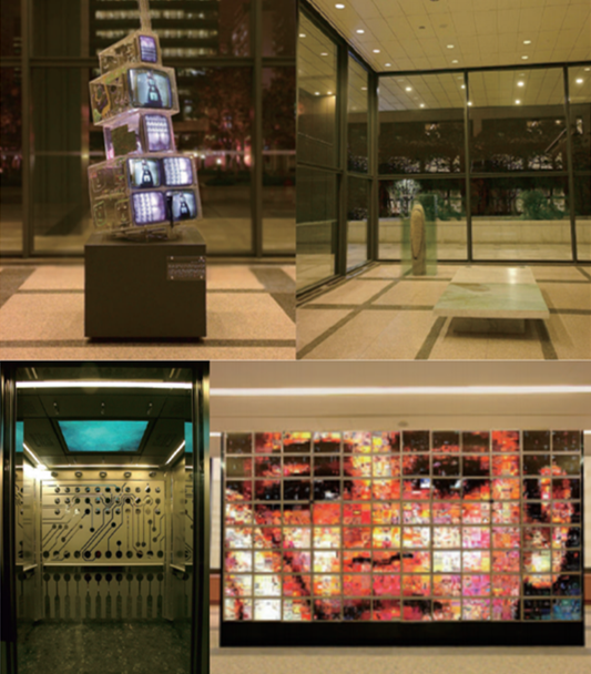 아트센터 나비 개관 기념으로 기획한 1999~2000년 SK 사옥 멀티미디어 아트 프로젝트. (위 왼쪽부터) 백남준 'TV Cello', 박현기 '현현', 김영란 '하늘수레', 장동훈 외 'Mirrie'. ⓒ아트센터 나비