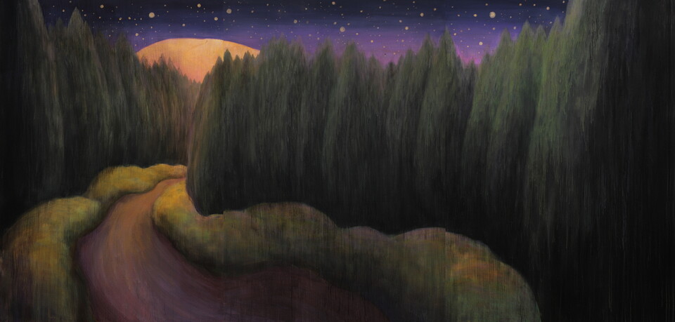 김연숙, 거문오름 가는 길, 2012, 캔버스에 아크릴릭 물감, 193.9×390.9㎝. ⓒ제주돌문화공원관리소 제공