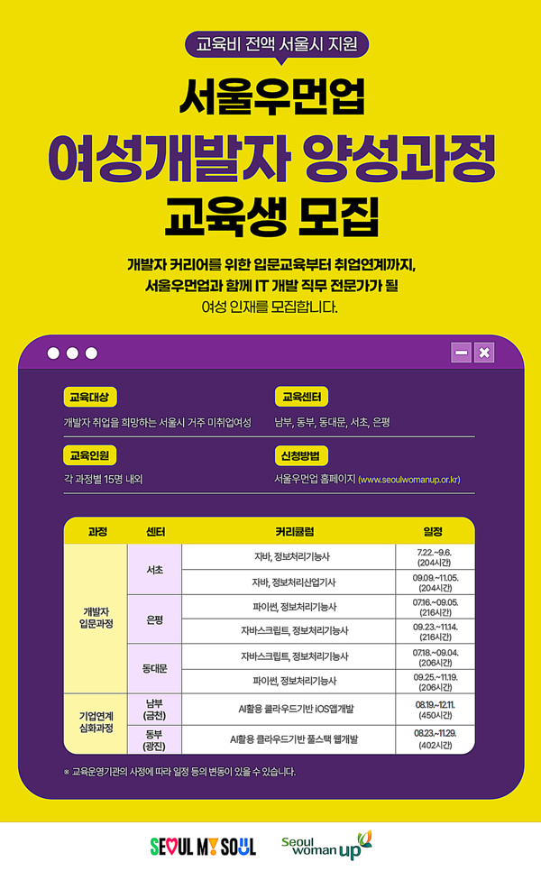 서울시여성능력개발원이 ‘여성개발자 양성과정’ 8~9월 참여자를 모집한다. ⓒ서울시여성능력개발원