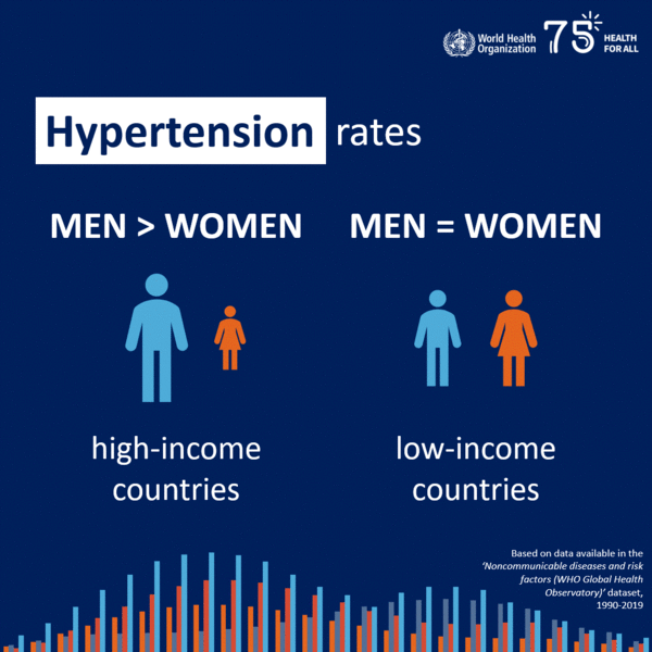 세계보건기구(WHO)가 2023년 발표한 건강 불평등 데이터(Health Inequality Data) 중 성별과 고소득/저소득 국가 교차 분석에 따른 고혈압과 비만 격차를 보여주는 인포그래픽. ⓒWHO 웹사이트(https://www.who.int/data/inequality-monitor/data#PageContent_C677_Col00) 캡처화면