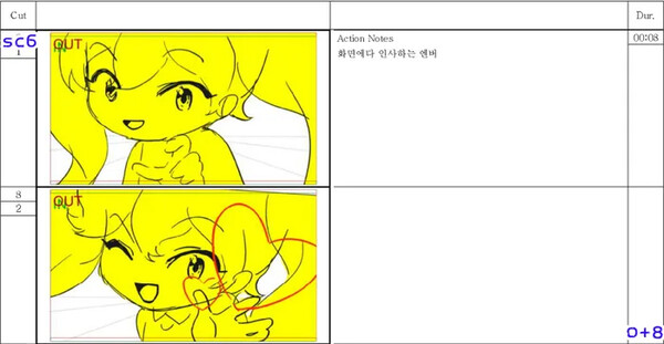 온라인 남초 커뮤니티를 중심으로 ‘집게손 억지 논란’이 불거진 넥슨 게임 ‘메이플스토리’ 엔젤릭버스터 MV 콘티. 스튜디오 뿌리의 남성 감독이 그리고 연출했다. ⓒ스튜디오 뿌리