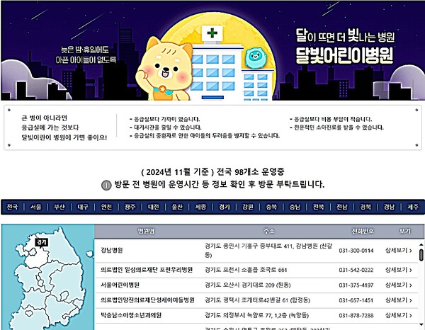 전국 달빛어린이병원 안내 사이트 ⓒ경기도
