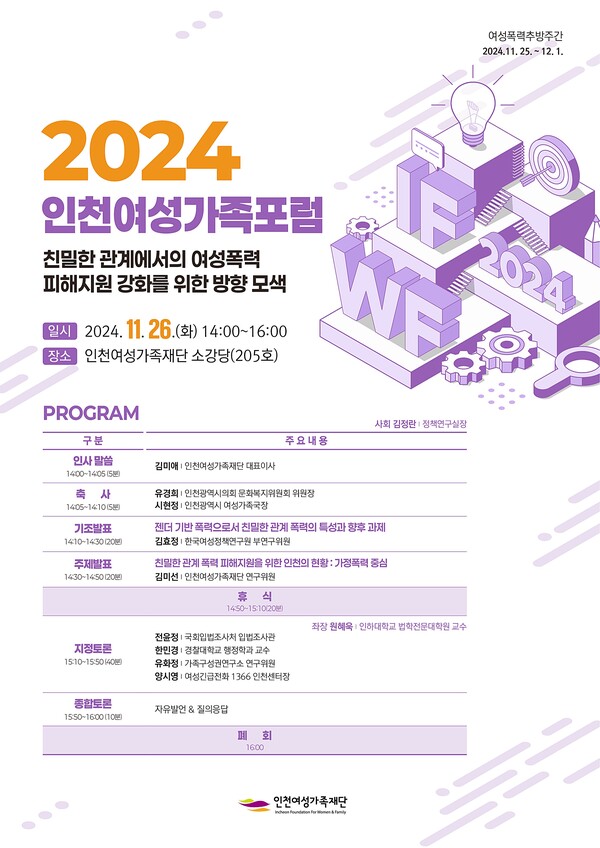 인천여성가족재단이 오는 26일 ‘친밀한 관계에서의 여성폭력 피해지원 강화를 위한 방향 모색’을 주제로 2024 인천여성가족포럼을 개최한다. ⓒ인천여성가족재단