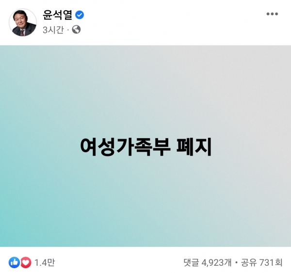 ‘여성가족부 폐지’. 2022년 1월 당시 대통령 후보자였던 윤석열 대통령의 SNS에 올라온 게시글 내용이다 ⓒ윤석열 전 후보 페이스북.