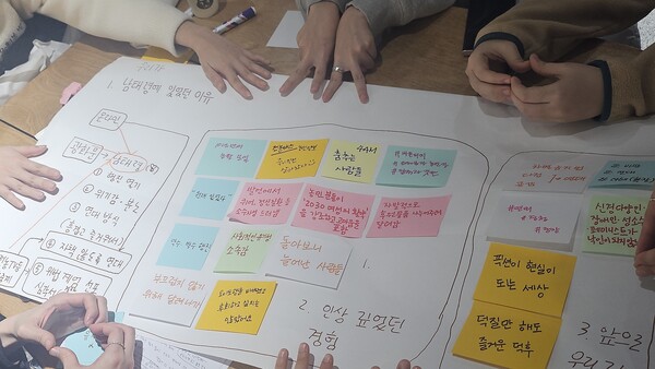 12월 28일 서울 종로구 향린교회에서 열린 ‘남태령 뒤풀이-남태령 대첩을 함께 한 우리들의 집담회’에 참석한 시민들이 모둠별로 ‘남태령 대첩’을 경험하며 느낀 생각과 의견을 정리해 발표하는 시간을 가졌다. ⓒ이하나 기자
