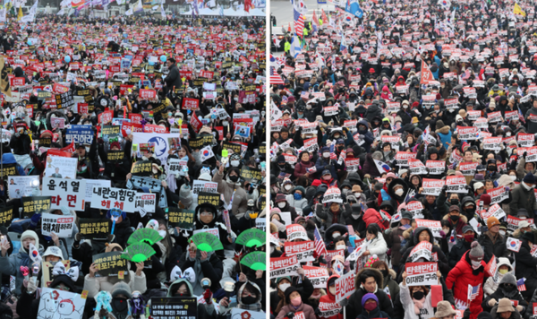 21일 서울 종로구 경복궁 동십자각 인근에서 열린 '윤석열즉각퇴진·사회대개혁 비상행동' 주최 범시민 대행진(왼쪽). 오른쪽은 광화문 동화면세점 앞에서 열린 대한민국바로세우기국민운동본부 주최 '대통령 탄핵 반대 자유민주주의 수호 광화문 국민혁명대회'. ⓒ연합뉴스