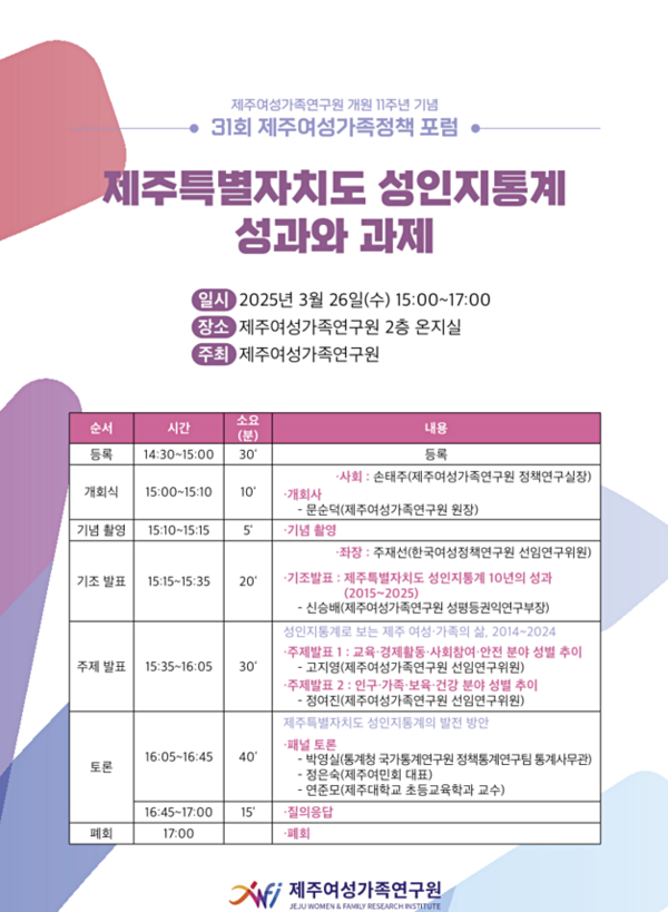 '제주도 성인지통계 성과와 과제'를 주제로 하는 제31회 제주여성가족정책포럼 웹자보 ⓒ제주여성가족연구원