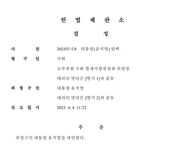 윤석열 전 대통령 파면 결정문 전문 일부. ⓒ헌법재판소 제공