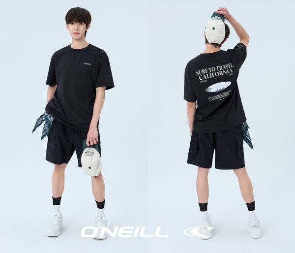 전속모델인 아이돌 그룹 '더윈드' 멤버 타나톤이 '서퍼비치 렘 반팔 티셔츠'와 '벤서 루즈 5부 카고 숏 팬츠'를 착용한 모습.  ⓒ오닐 제공