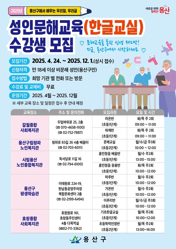 성인문해교육 수강생 모집 포스터. ⓒ용산구