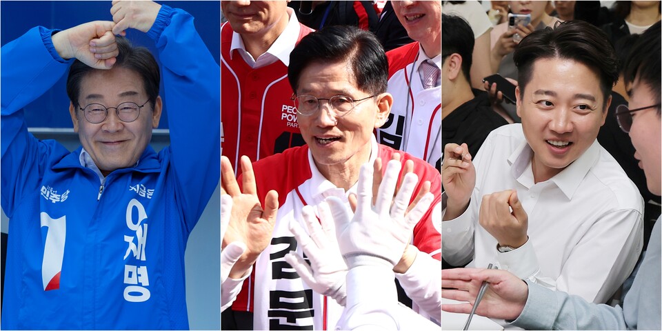 14일 더불어민주당 이재명 대선 후보(사진 왼쪽부터)가 부산진구 서면에서, 국민의힘 김문수 대선 후보가 경남 진주시 진주광미사거리에서, 개혁신당 이준석 대선 후보가 부산 금정구 부산대학교에서 시민들과 소통하고 있다. ⓒ연합뉴스