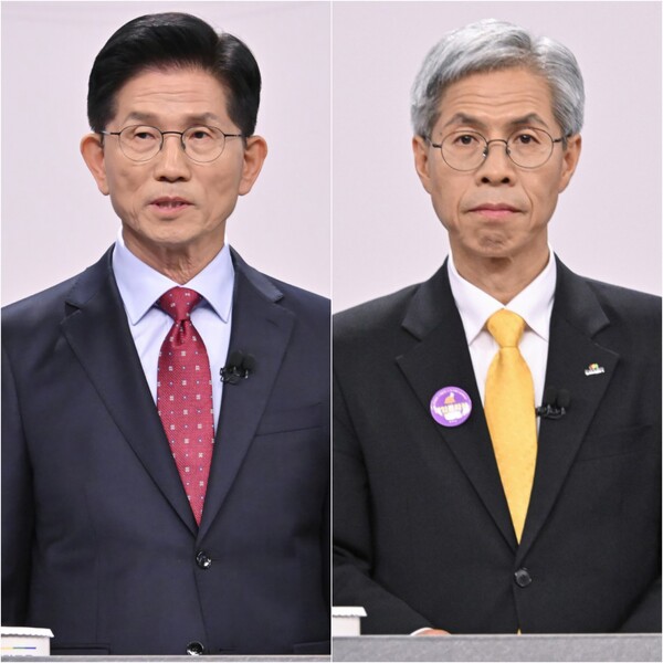 (왼쪽부터) 국민의힘 김문수, 민주노동당 권영국 대선후보가 18일 서울 마포구 SBS프리즘타워에서 열린 중앙선거방송토론위원회 주관 제21대 대통령선거 후보자토론회에서 공방을 벌였다.ⓒ 국회사진취재단, 연합뉴스