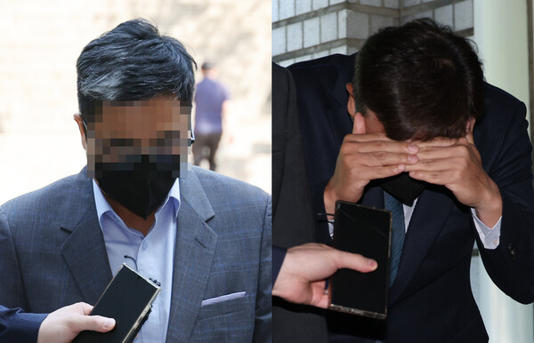 수백억원대 부당대출 의혹을 받고 있는 IBK기업은행 직원 조모씨(왼쪽)와 전직 직원 김모씨가 11일 영장실질심사를 받기 위해 서울 서초동 서울중앙지법에 출석하고 있다. ⓒ연합뉴스