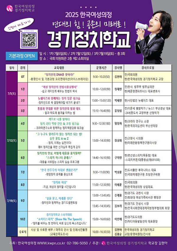 7월 5일부터 19일까지 매주 토요일 경기도에서 정치 참여를 꿈꾸는 여성들을 위한 ‘경기정치학교 기본과정’이 국회의원회관 제2소회의실에서 열린다. ⓒ한국여성의정