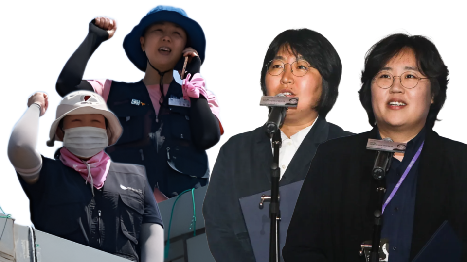 제27회 서울국제여성영화제 ‘올해의 보이스’로 선정된 금속노조 한국옵티칼하이테크지회 박정혜 수석부지회장과 소현숙 조직부장, 정진임 투명사회를위한정보공개센터 소장, 김후주 남태령 아카이브/심포지엄 팀 대표. ⓒ여성신문