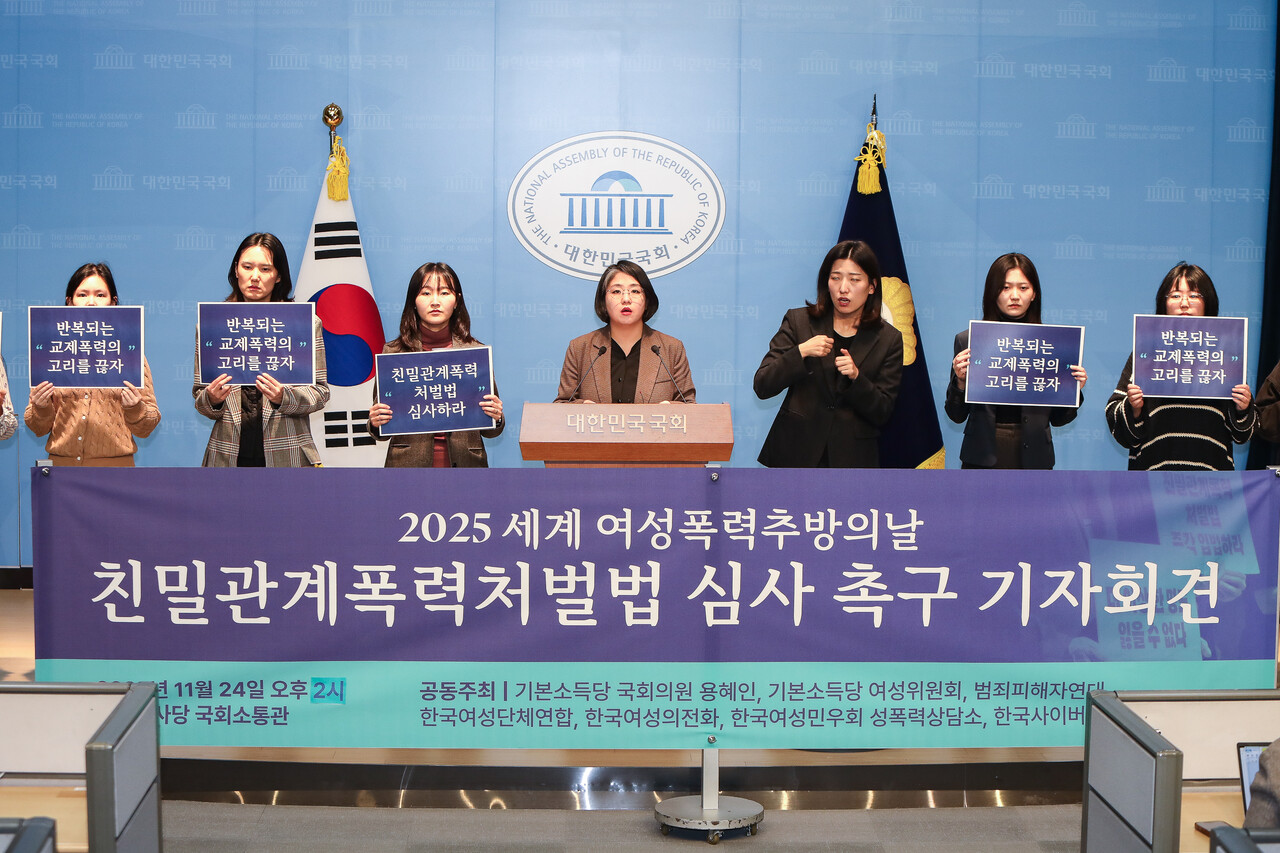 24일 서울 영등포구 국회의사당에서 기본소득당 여성위원회와 친밀관계폭력 피해자 가족, 피해지원 단체들이 주최한 지난 9월 용혜인 기본소득당 의원이 대표발의한 ‘가정폭력처벌법 전부개정법률안(친밀관계폭력처벌법)’의 심사를 촉구하는 기자회견에서 용혜인 기본소득당 대표가 발언하고 있다. ⓒ손상민 사진기자