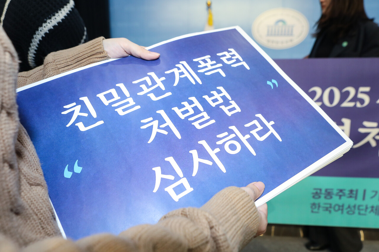 24일 서울 영등포구 국회의사당에서 기본소득당 여성위원회와 친밀관계폭력 피해자 가족, 피해지원 단체들이 주최한 지난 9월 용혜인 기본소득당 의원이 대표발의한 ‘가정폭력처벌법 전부개정법률안(친밀관계폭력처벌법)’의 심사를 촉구하는 기자회견에서 참여자가 '친밀관계폭력처벌법 심사하라'라는 문구가 적힌 피켓을 들고 있다. ⓒ손상민 사진기자