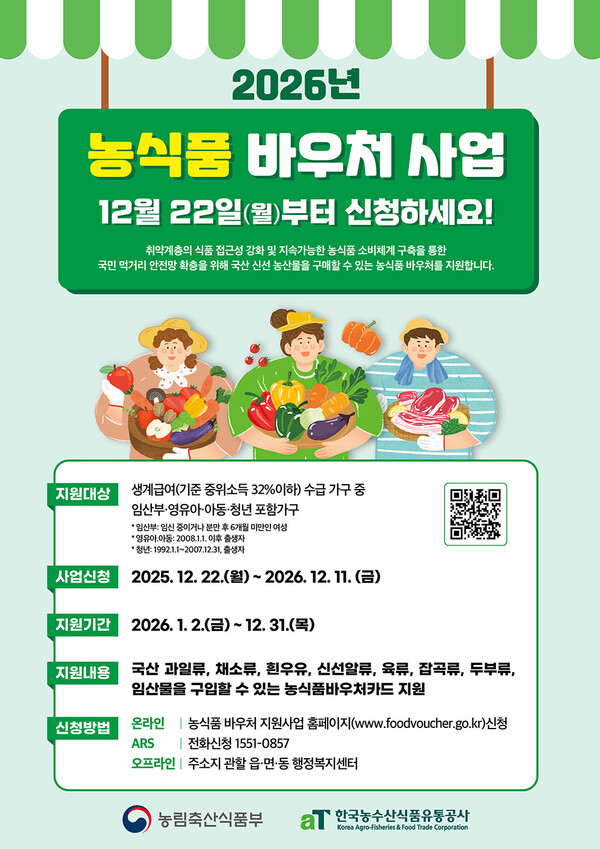 [오늘 바로] 농식품바우처, 34세 이하 청년 가구도 지원… 4인 가구 월 10만원
