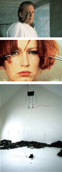 맨 위부터 영화 버스트의 침실(1990), 두 개의 가위로 동시에 머리카락 자르기(1974~75), 시간은 흐른다(1990~91)