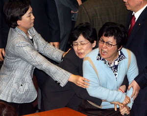 지난 2006년 5월 2일 국회 본회의장에서 격분한 송영선 한나라당 의원을 말리는 김현미 유승희 통합민주당 의원들의 모습. ⓒ연합뉴스