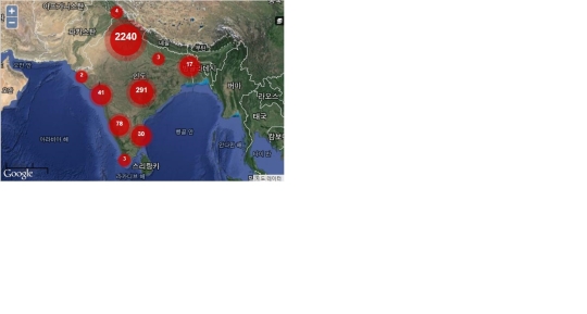 인도의 시민단체 ‘세이프시티’(SafeCity)가 작성한 인도 반도 각 지역의 거리 성희롱 통계 지도. 구글 지도를 사용해 자신의 지역의 사건을 입력하면 통계가 실시간 업데이트된다. 
