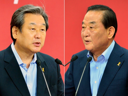 김무성 의원(왼쪽)과 서청원 의원. 14일 전당대회에서 김무성 의원이 새누리당 대표로 선출됐다. ⓒ뉴시스·여성신문