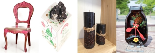 (왼쪽부터) 패브리커의 디자인 가구, 가정 재배버섯 전문업체 꼬마농부의 버섯재배키트, 리즈솝의 스팅 후 골라낸 결점두(커피콩)을 넣은 커피향초, 도도글라스의 유리병 시계.