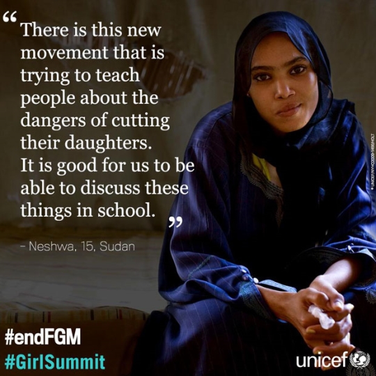 어린 시절 할례를 경험했던 15세의 수단 소녀 네쉬와는 의사가 되려는 꿈을 가진 소녀다. 유니세프 #endFGM 캠페인 포스터 중.
출처: UNICEF/NYHQ2009-1466/HOLT