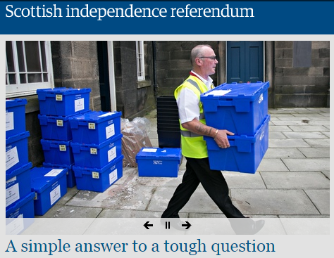 18일 스코틀랜드에서 영국 분리독립 찬반 투표가 진행됐다. 투표용지를 이동하는 모습. ⓒ영국 일간지 가디언 홈페이지(http://www.theguardian.com/uk)