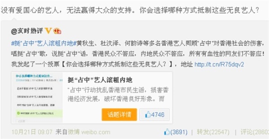 중국 공산주의청년단이 온라인 설문조사를 통해 홍콩 민주화 시위 지지 연예인들에 대한 제재 방안을 묻고 있다. ⓒ중국 공산주의청년단 공식 웨이보 캡쳐