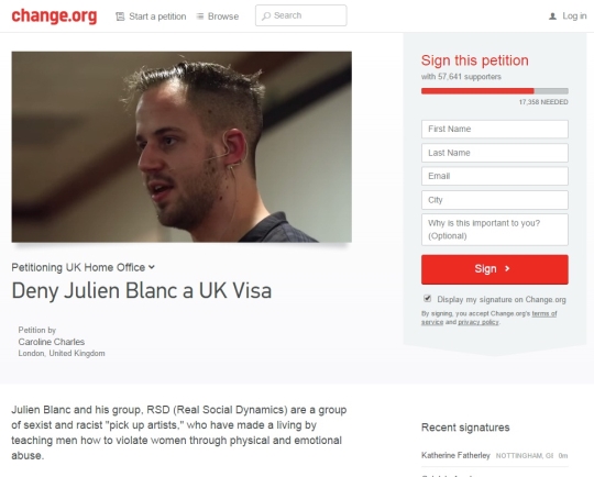 줄리안 블랑에 반대하는 영국인들의 인터넷 청원운동 화면. ⓒ출처 change.org