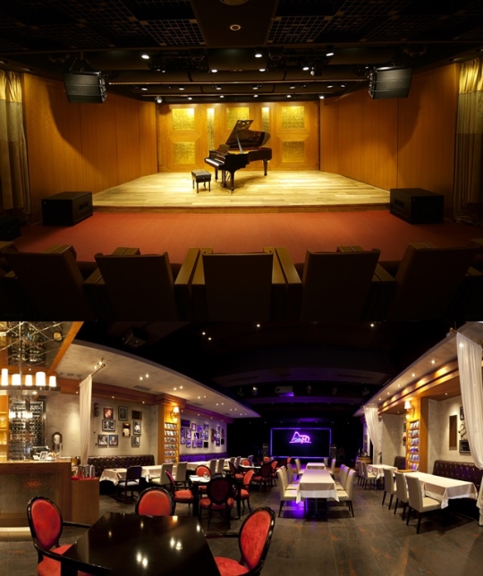 (위) 마리아칼라스홀, (아래) 공연장 내에 있는 스테이크하우스 ‘카페엠’. ⓒ마리아칼라스홀 제공