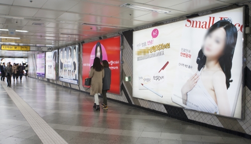 교황청이 여성의 성형수술은 살로 만든 부르카라고 강력 비판했다. 사진은 서울 내 지하철 광고판에 붙어있는 성형외과 광고들.