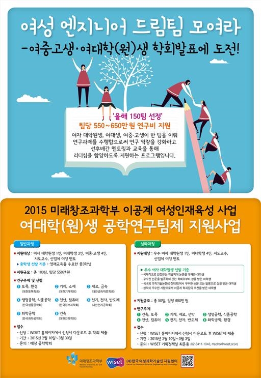 한국여성과학기술인지원센터는 3월 말까지 ‘여대학(원)생 공학연구팀제 지원사업’에 참여할 150개 연구팀(일반 100개, 심화 50개)을 모집한다. ⓒ한국여성과학기술인지원센터