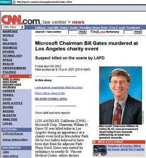 CNN과 똑같은 모방 사이트에 빌 게이트가 암살되었다는 뉴스가 올라왔다. ⓒ허위 사이트 화면