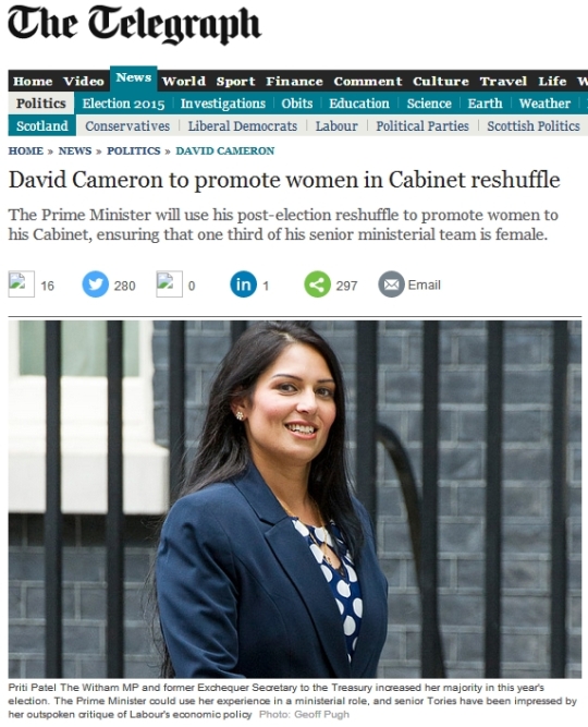데이비드 캐머런 영국 총리가 새 내각에 여성들을 대거 기용, 내각의 3분의 1이 여성장관으로 채워질 전망이라고 영국 일간 텔레그래프가 10일(현지시간) 보도했다. ⓒ텔레그래프 지 기사화면 캡처(http://www.telegraph.co.uk/news/politics/david-cameron/11596160/David-Cameron-to-promote-women-in-Cabinet-reshuffle.html)