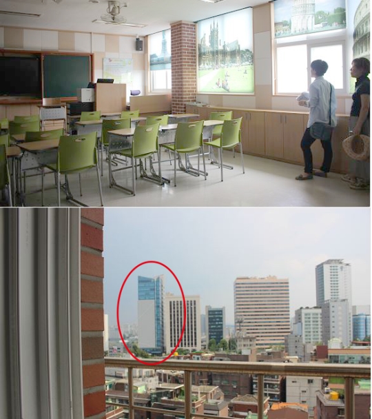 (위)성심여중 교실 내부. (아래) 교실 창문에서 보이는 화상경마장 모습. ⓒ조나리 기자