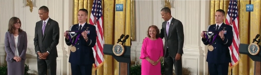 10일 백악관에서 열린 미국 국가 예술상 시상식에서 버락 오바마 대통령에게 메달을 받기 전 대기 중인 수상자들. 왼쪽 사진이 샐리 필드, 오른쪽 사진이 미리암 콜롱. ⓒwhitehouse.gov