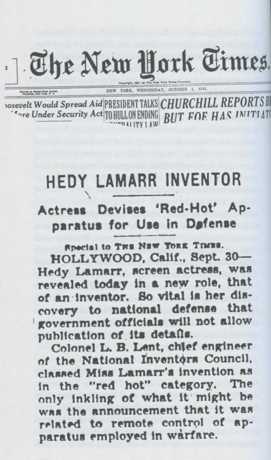 1941년 뉴욕타임스 지에 실린 헤디 라마르의 발명 관련 보도. ⓒFlickr