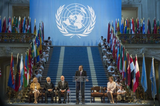 반기문 유엔 사무총장이 샌프란시스코에서 열린 유엔 헌장 채택 70주년 기념식에서 연설하고 있다. ⓒ뉴시스·여성신문