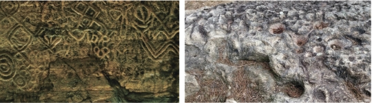 천전리각석(왼쪽), 선도산 성혈바위.