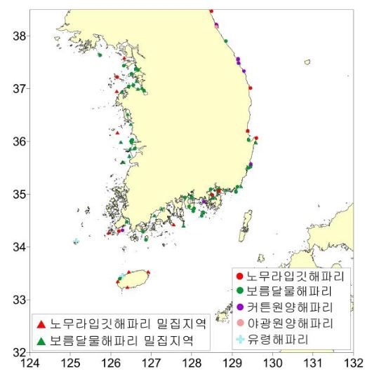 2016년 7월 1일 ~ 7월 7일 한국 연안역 해파리 분포도.