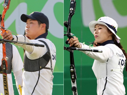 한국 양궁 대표팀의 남자부 이승윤(왼쪽) 선수와 여자부 장혜진 선수가 16강 진출에 성공했다. ⓒ뉴시스·여성신문