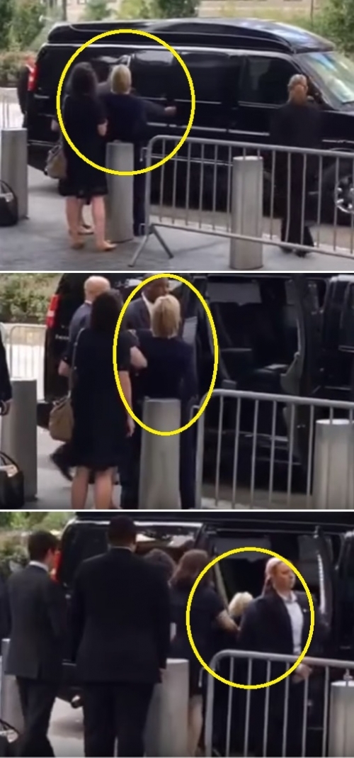 힐러리 클린턴이 미국 뉴욕에서 열린 9·11 테러 15주년 추도식에 참석했다가 몸에 이상을 느껴 황급히 떠나는 장면. 미 폭스뉴스 캡처. ⓒ유튜브